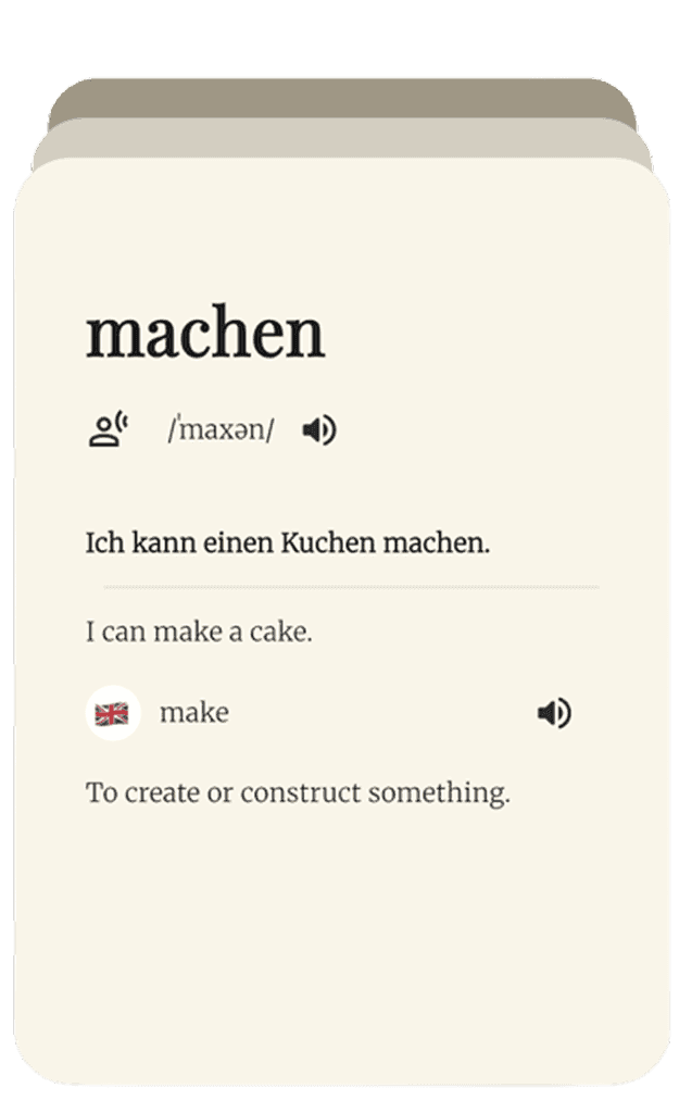 A Lingufy flashcard for the German word machen
